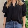 Black Solid Color Half Sleeve V Neck Blouse