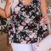 Black Plus Size Floral Print Ribbon V Neck Tank Top