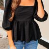 Women's Summer Casual Solid Textured Blouse With Puff Sleeve And Square Neck