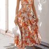 Orange Floral Print Pleated One Shoulder High Waist Maxi Dress