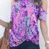 Lavender Floral Print Cold Shoulder Blouse | 95% Polyester | Short Sleeve | Round Neck | Daily | Country Style