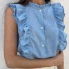 Women's Summer Sleeveless Shirt - Casual Elegant, Soft Fabric, Ruffle Trim Detail - 100% Cotton, Country Style