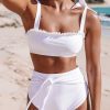 White Frill Trim Tie Shoulder Bikini High Waist Swimsuit