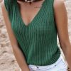 Women's V Neck Tank Top Hollow Knit Lightweight And Breathable Sleeveless Solid Color Textured Fabric Hot Summer