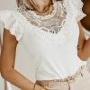 White Lace Splice Ruffle Eyelet Flutter Sleeve Top