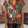 Green Abstract Print Notch V Neck Belted Blouse