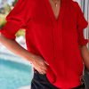 Red Solid Color Half Sleeve V Neck Blouse