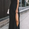 Solid Color V-Neck Maxi Dress With Side Slit And Back Lace Up Design