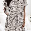 Women's Leopard Print Round Neck Short Sleeve Casual Tunic Top With Pockets