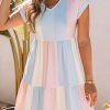 Summer Women Color Block Striped Short Sleeve Mini Dress