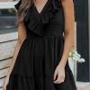 Women's Summer V Neck Short Sleeve Tiered Mini Dress With Ruffle Detail And Smocking