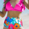 Rose V Neck Ruffles Floral Print High Waist Bikini