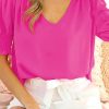 Solid Shirred Half Sleeve V Neck Blouse - Elegant Style For Women