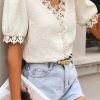 High Quality Women's Lace Jacquard Fabric Elegant Blouse With V Neckline And Short Puff Sleeves