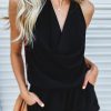 Black Plain V Neck Backless Sleeveless Romper