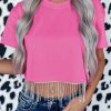 Rhinestone Fringe Short Sleeve Western Style Solid Color Crop Top For Valentine's Day & Summer Rock & Music