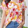 White Boho Floral Print V Neck Short Sleeves Top