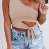 Women's Seductive Sleeveless V-Neck Knot Crop Tank Top In Khaki