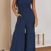 Blue Tie Straps Shirred Bodice Tiered Wide Leg Jumpsuit