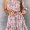 Pink Paisley Print One Shoulder Lace-up High Waist Mini Dress