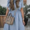 Women's Light Blue Ruffle Trim Cotton O-Neck Short Sleeve Midi Dress