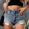 Women's High Waisted Denim Shorts With Beads, Vintage Inspired And Raw Hem Design