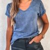 Women's 65% Polyester Acid Wash Top - V Neckline, Short Sleeves, Regular Fit, Solid Color