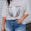 Women's Plus Size Vintage Western Print T Shirt With Ripped Design