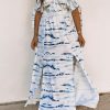 Sky Blue Cold Shoulder Tie-dye Maxi Dress With Slits