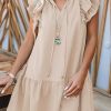 Women's Summer Country Linen Ruffle Dress With V Neck, Drawstring Neckline And Side Pockets