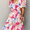 Multicolor Sweet Floral Wrap V Neck Skater Dress