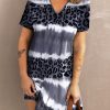 Tie Dye Leopard Print T-Shirt Dress With Tassel Necklace And Straw Bag