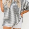 Plus Size Striped Short Sleeve Henley Tee