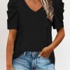 Women's Elegant Black V Neck T-Shirt With Puff Sleeves