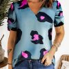 Women's Leopard Print Blouse With Ruched Sleeves And Decoration For Daily Summer Style