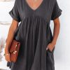 Roll Up Short Sleeve V Neck Babydoll Mini Dress - Grey