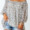 Plus Size Cheetah Spotted Print Off Shoulder Blouse With Smocked Design For Casual Daytime Look