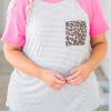 Plus Size Women's Tee With Stripe, Leopard And Contrast Round Neck