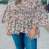 Apricot Plus Size Floral Print V Neck Peplum Blouse