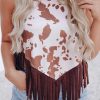 Women's Sleeveless Vest With Western Print And Dark Brown Fringe Hem