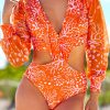 Orange Coral Floral Print Cut Out Puff Sleeve Monokini