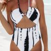 White Brush Print Sexy Halterneck One Piece Swimsuit