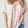 Pink Leopard Print Loose Fit V Neck T Shirt