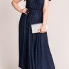 Blue Flutter Sleeve Wrap V Neck Plus Size Belted Dress