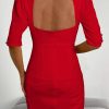 Women's Solid Color Bodycon Dress With Square Neckline & Half Sleeves | Party Dress | Backless Detail