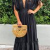 Drawstring Pleated Kimono Sleeve Ruffle Maxi Dress For Vacation, Formal Events And Casual Outings