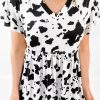 White Cow Spots Print V Neck Ruffled Casual Blouse