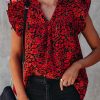 Red Floral Print Tiered Flutter Sleeve V Neck Top