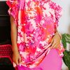 Women's Plus Size Pink Floral Ruffle Trim Tiered Sleeve Blouse