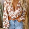 Women's Cow Print Pattern V Neck Long Sleeves Fitted Bodysuit